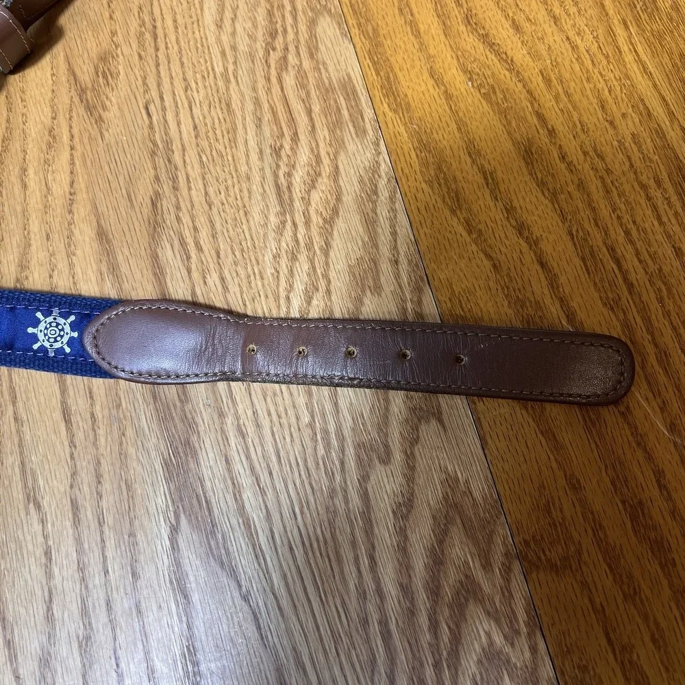 Men's Navy Blue Nautical Anchor Wheel Belt size 38 Preppy Cruise Brown Leather